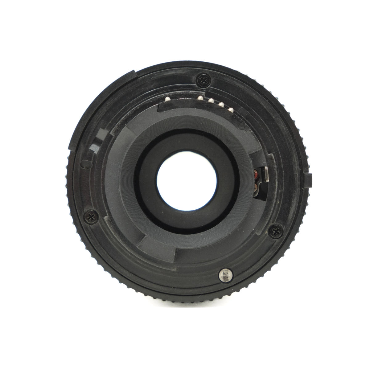 Black camera lens on a white background