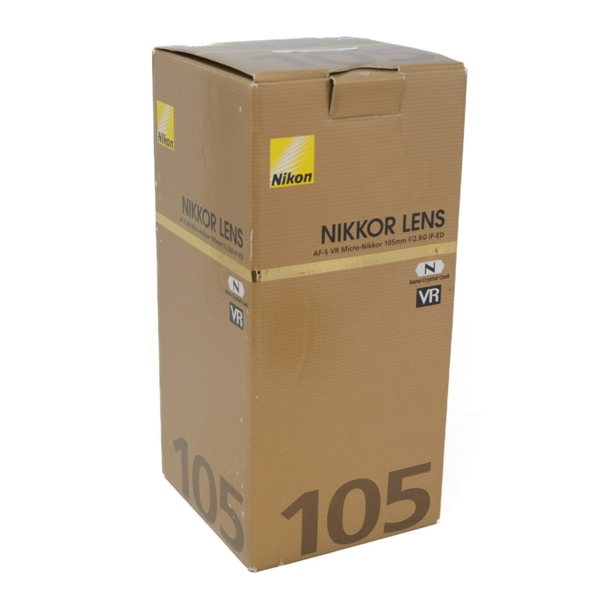 Cardboard box with Nikon Nikkor lens branding on a white background