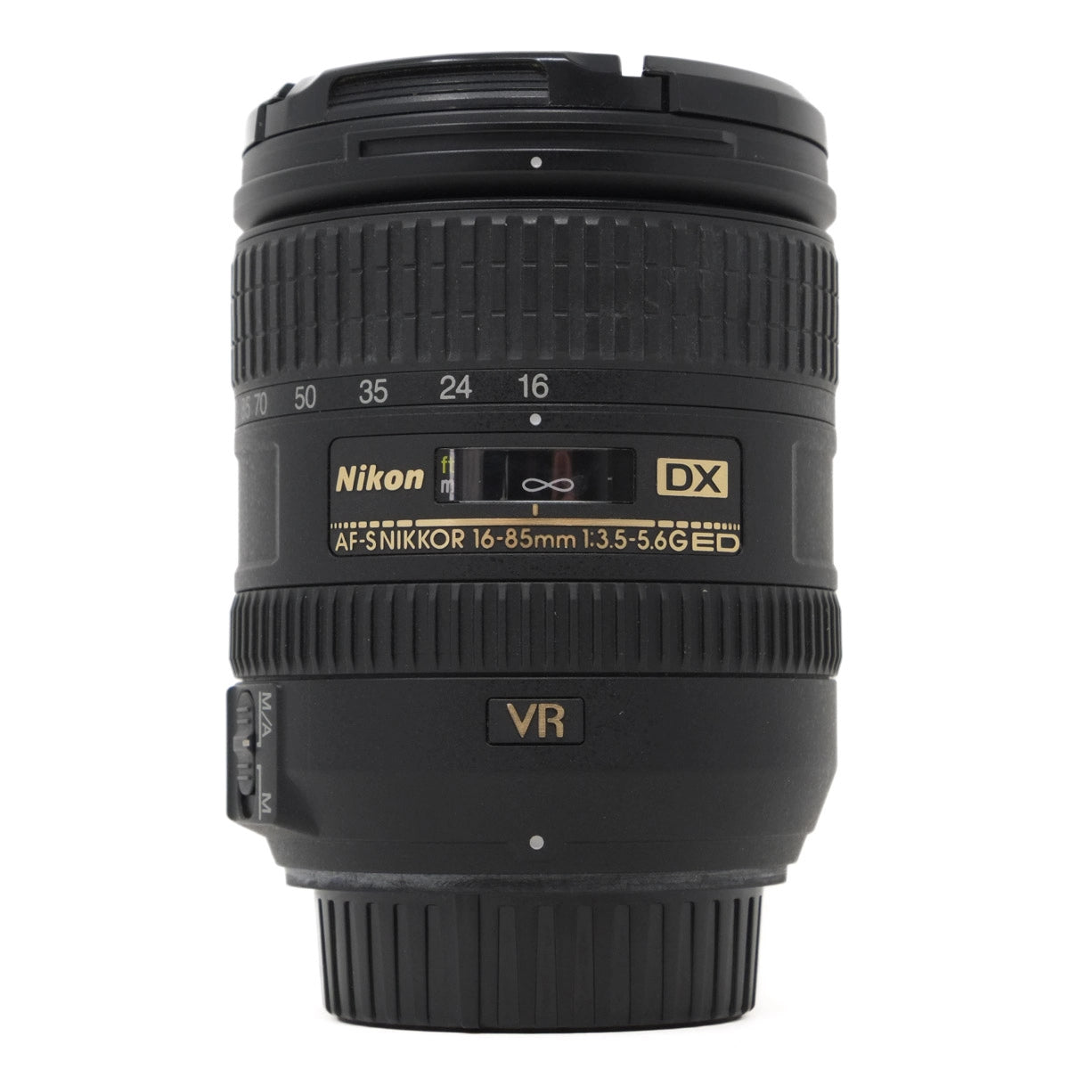 Nikon camera lens with specifications on a white background