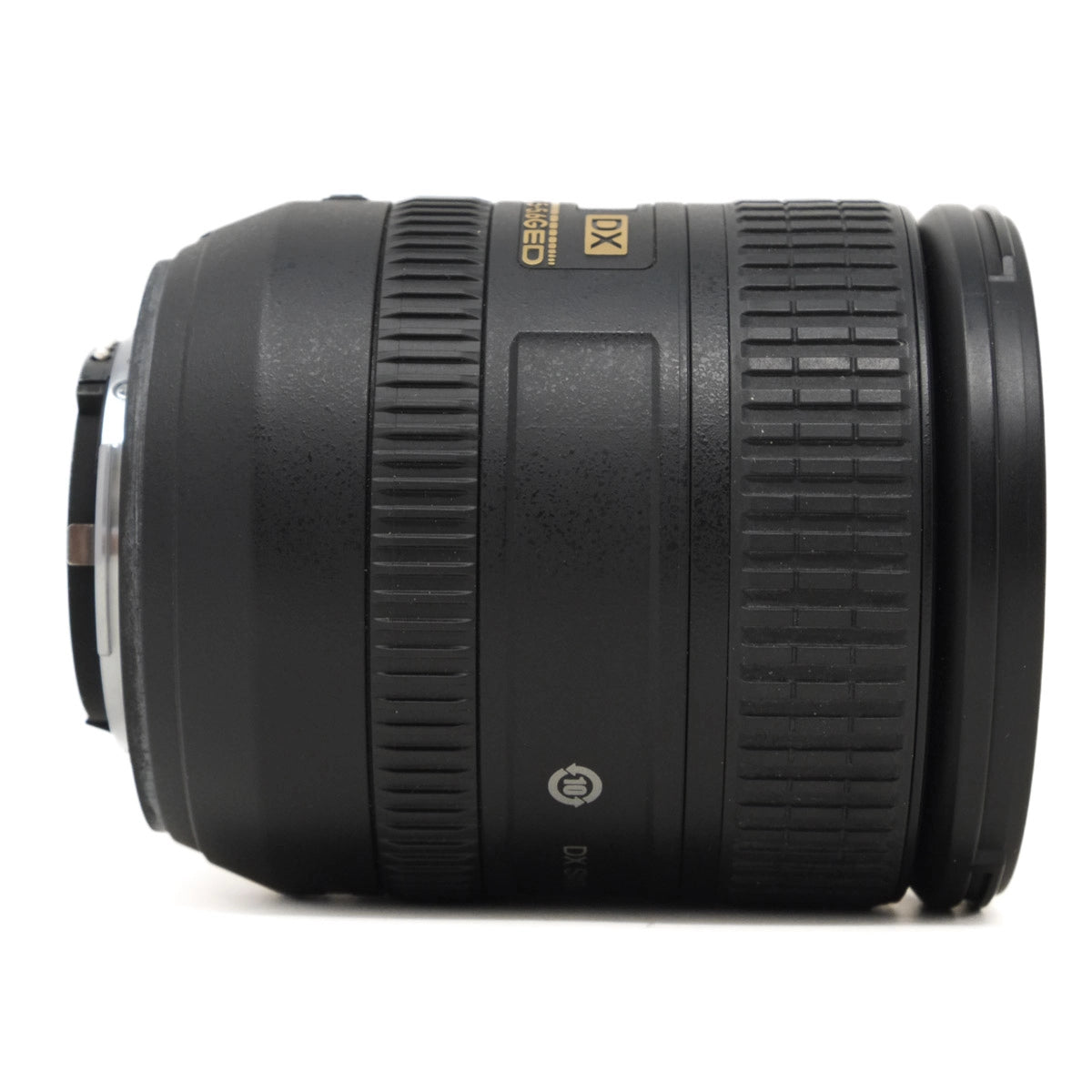 Black camera lens with visible brand logo on a white background