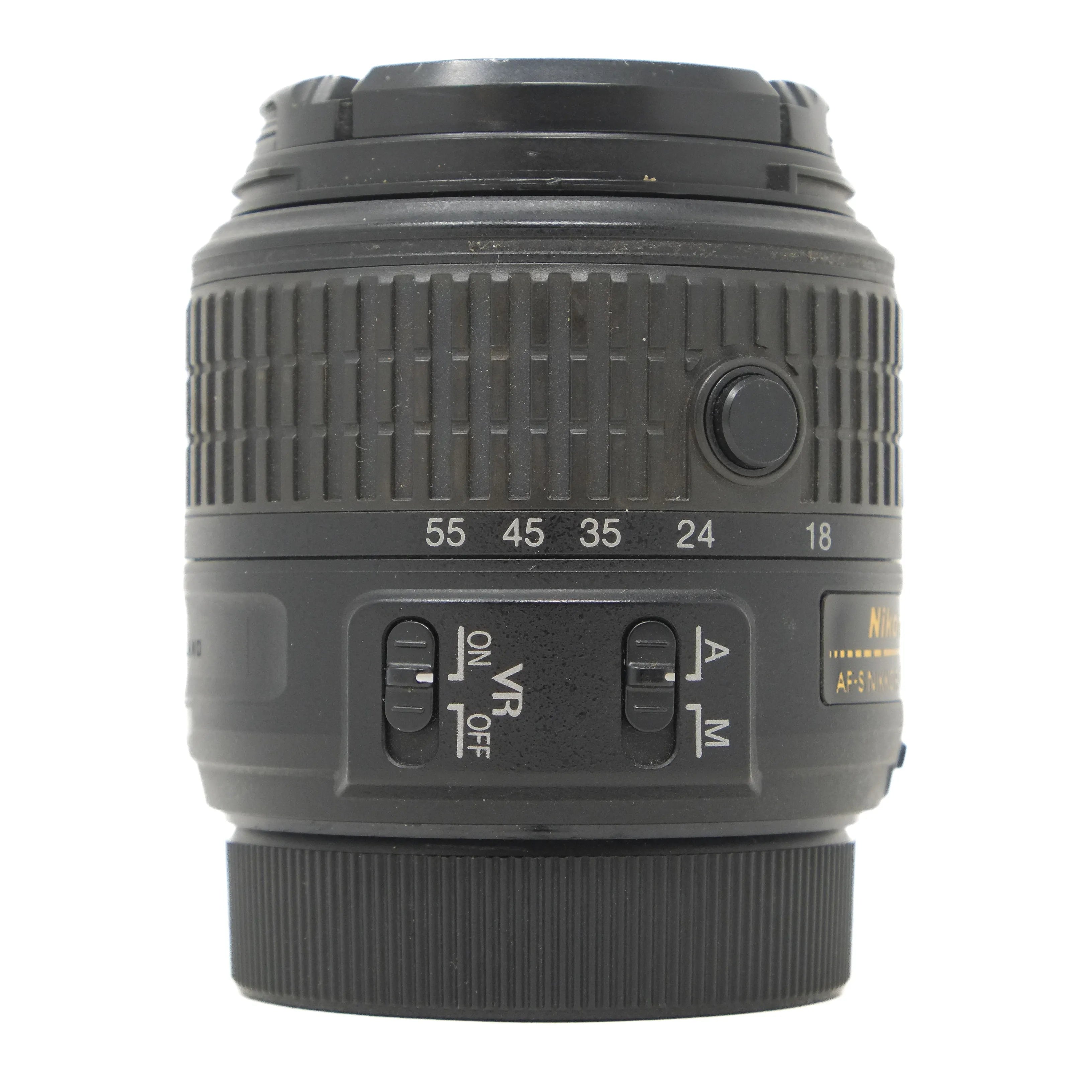 Camera lens with focus and mode settings on a white background