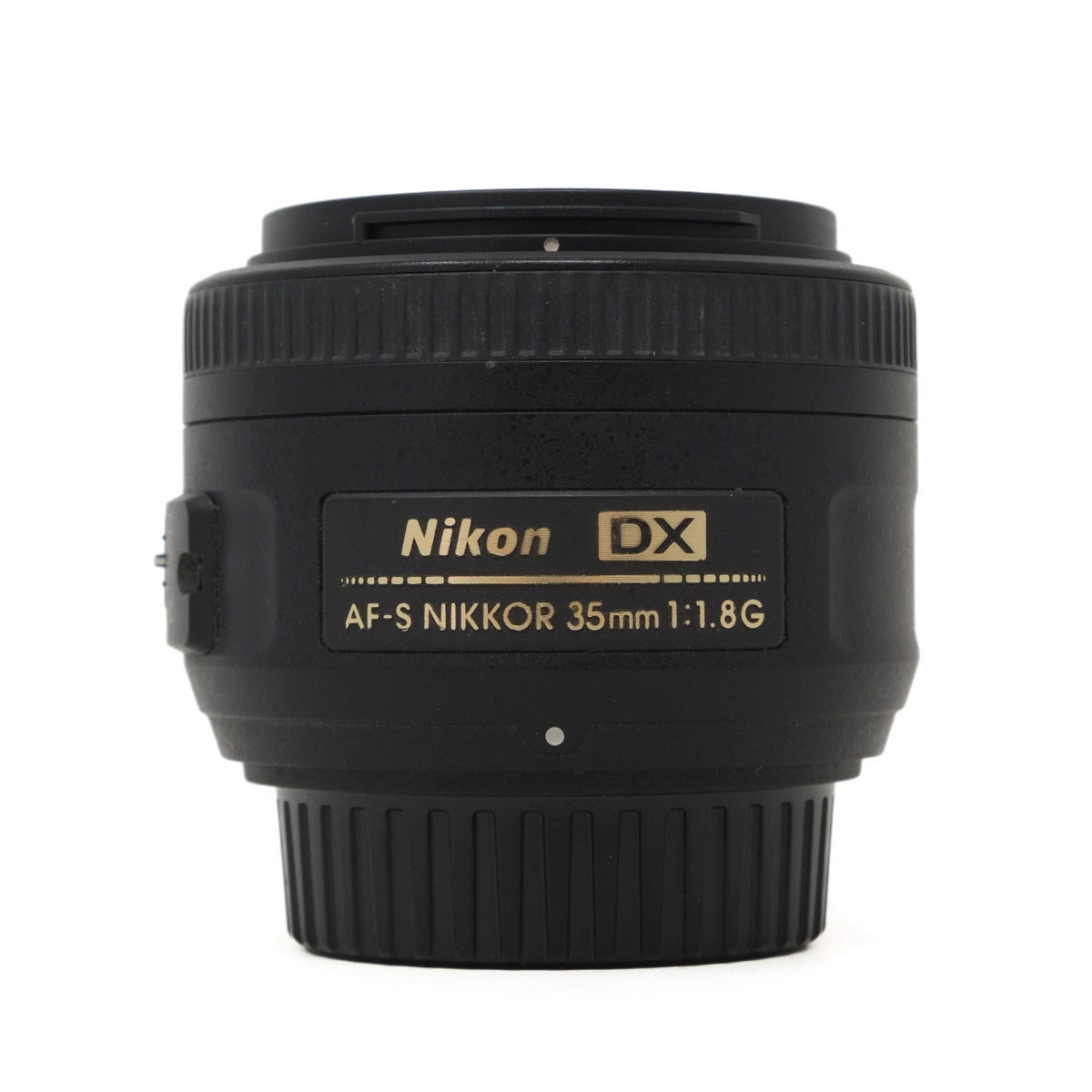 Nikon AF-S NIKKOR 35mm f/1.8G camera lens on a white background