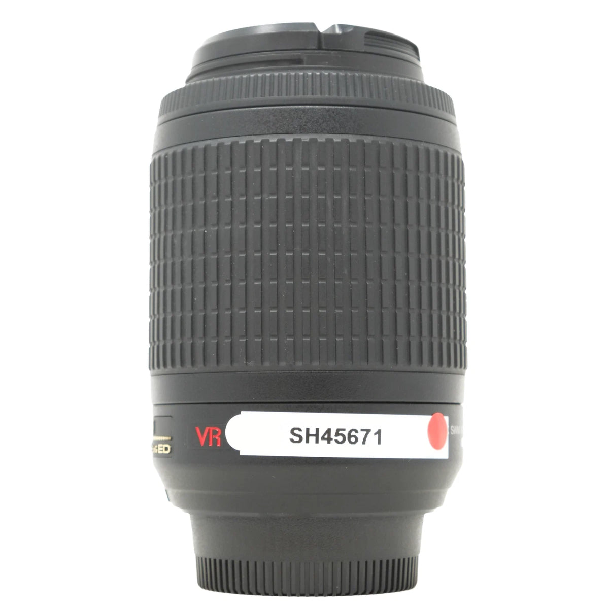 A black Nikon AF-S DX NIKKOR 55-210mm VR lens with a white label showing the model number SH45671 and a red dot, photographed on a solid white background.