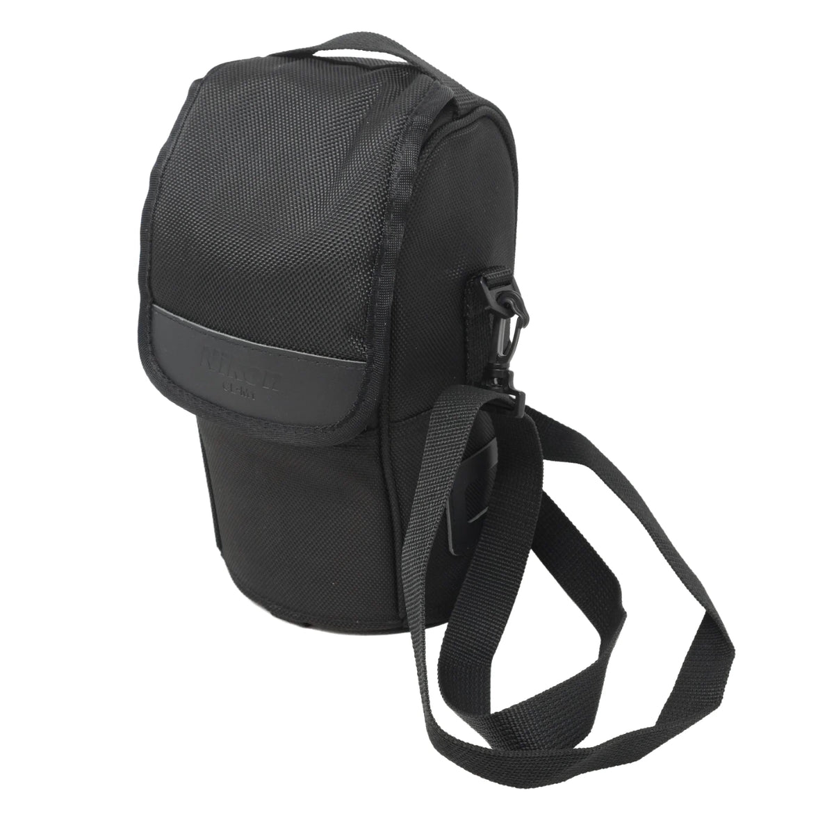A black camera lens pouch with a front flap pocket and an adjustable shoulder strap, shown on a plain white background.