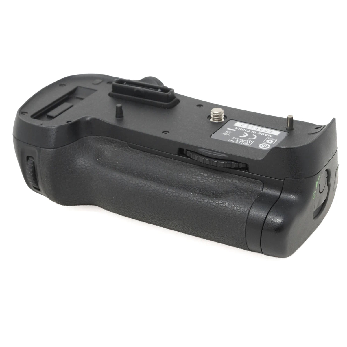 A black camera battery grip with a textured grip and a product information label on the top, shown on a white background.