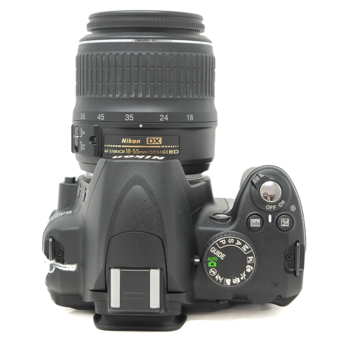 Used Nikon D3000 DSLR Camera + 18-55mm f3.5-5.6 ED II Lens - Bag - top angle