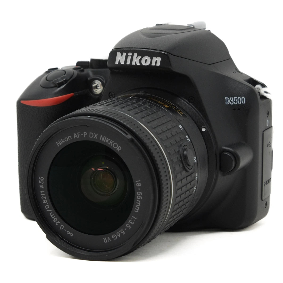 Used Nikon D3500 camera with 18-55mm VR lens - front angle