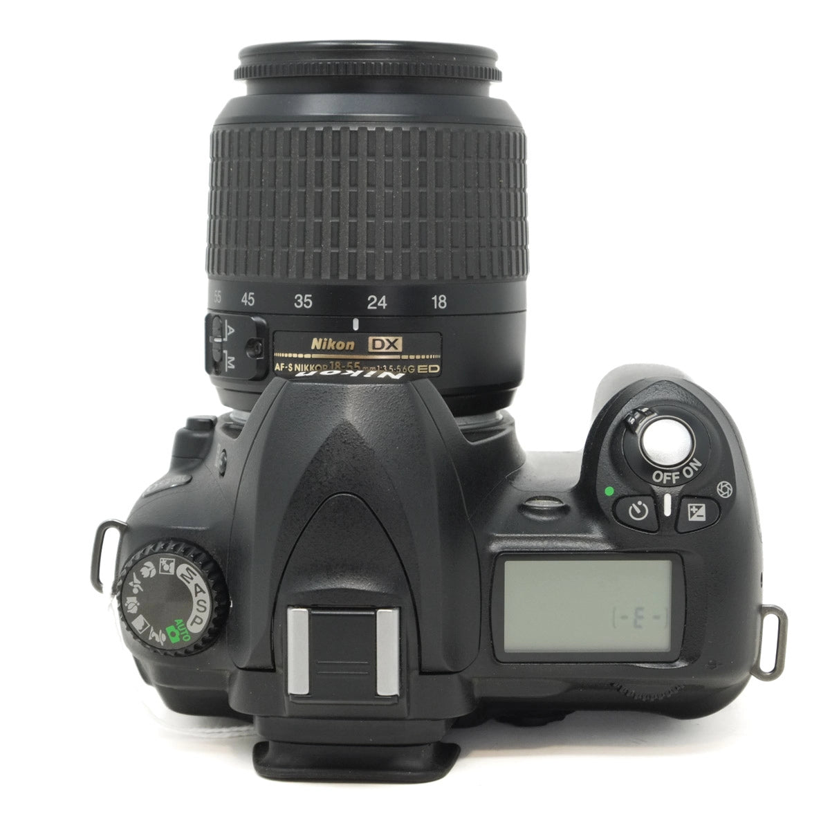 Nikon DSLR camera with lens on a white background