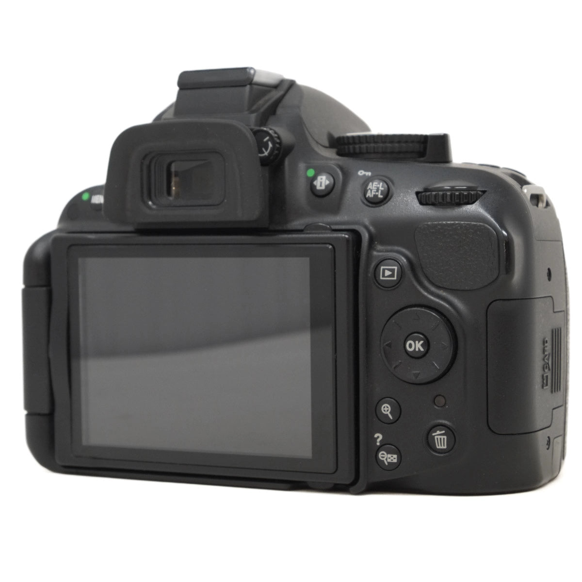 Back view of a black camera on a white background