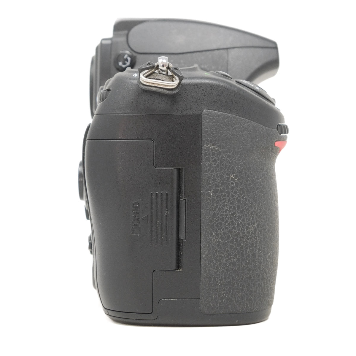 Black camera body on a white background