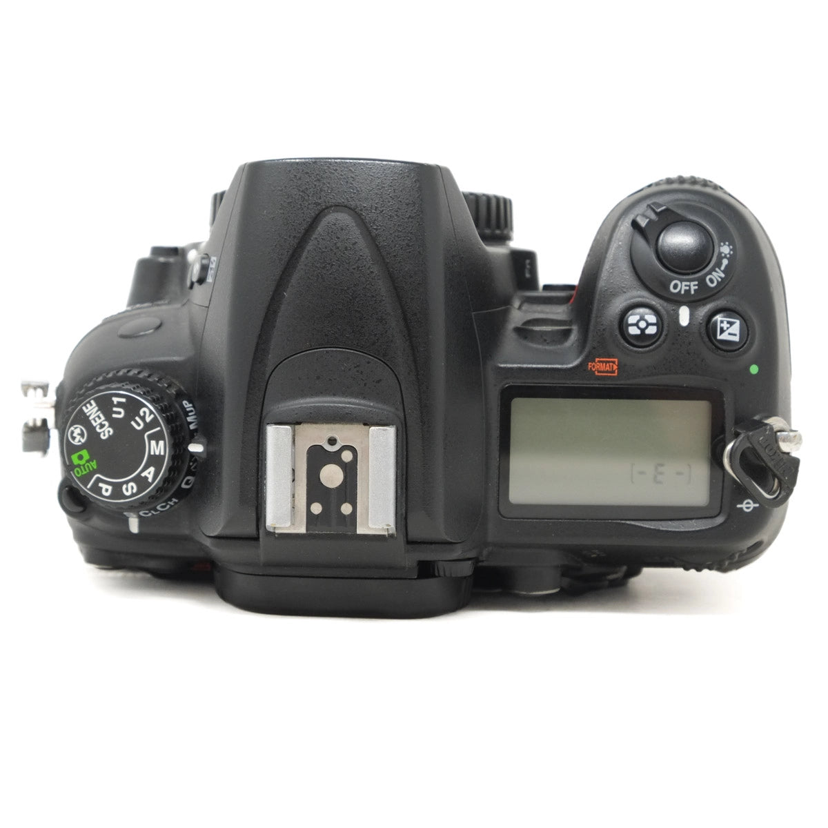 Black DSLR camera body on a white background