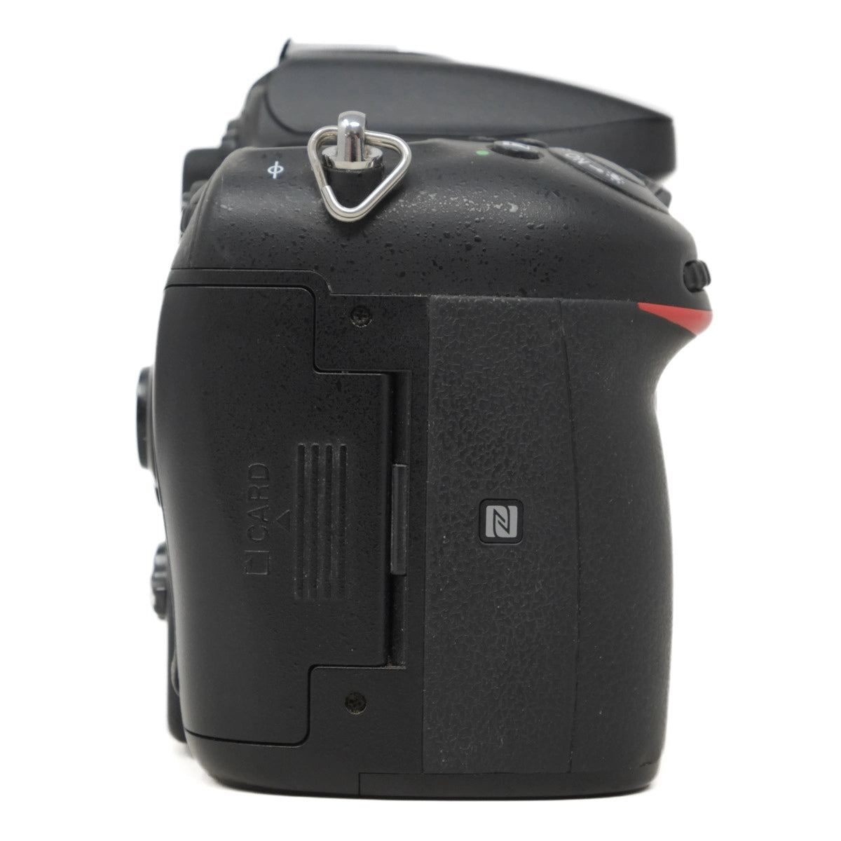 Black camera body with a visible brand logo on a white background