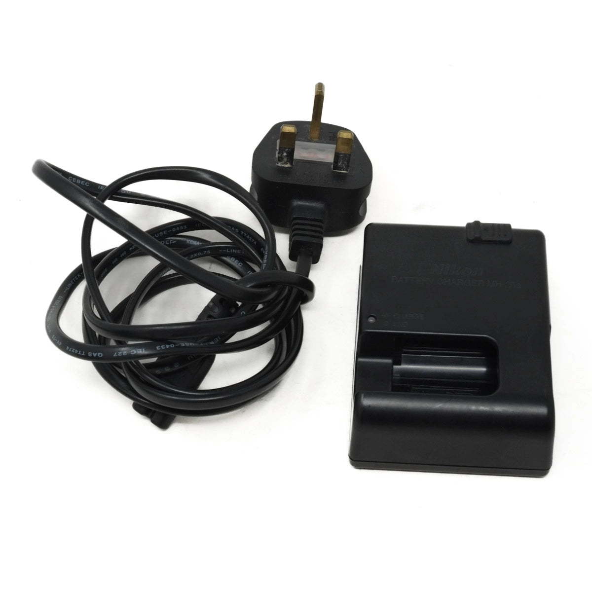 Black power adapter with plug and cable on a white background