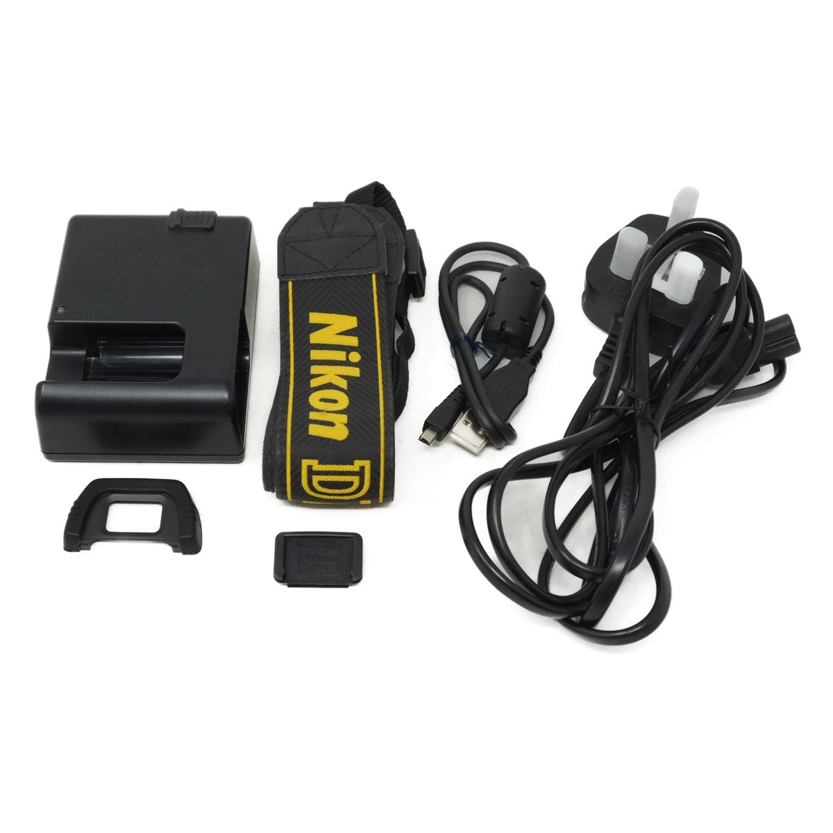 Nikon camera accessories including a battery, charger, and cables on a white background