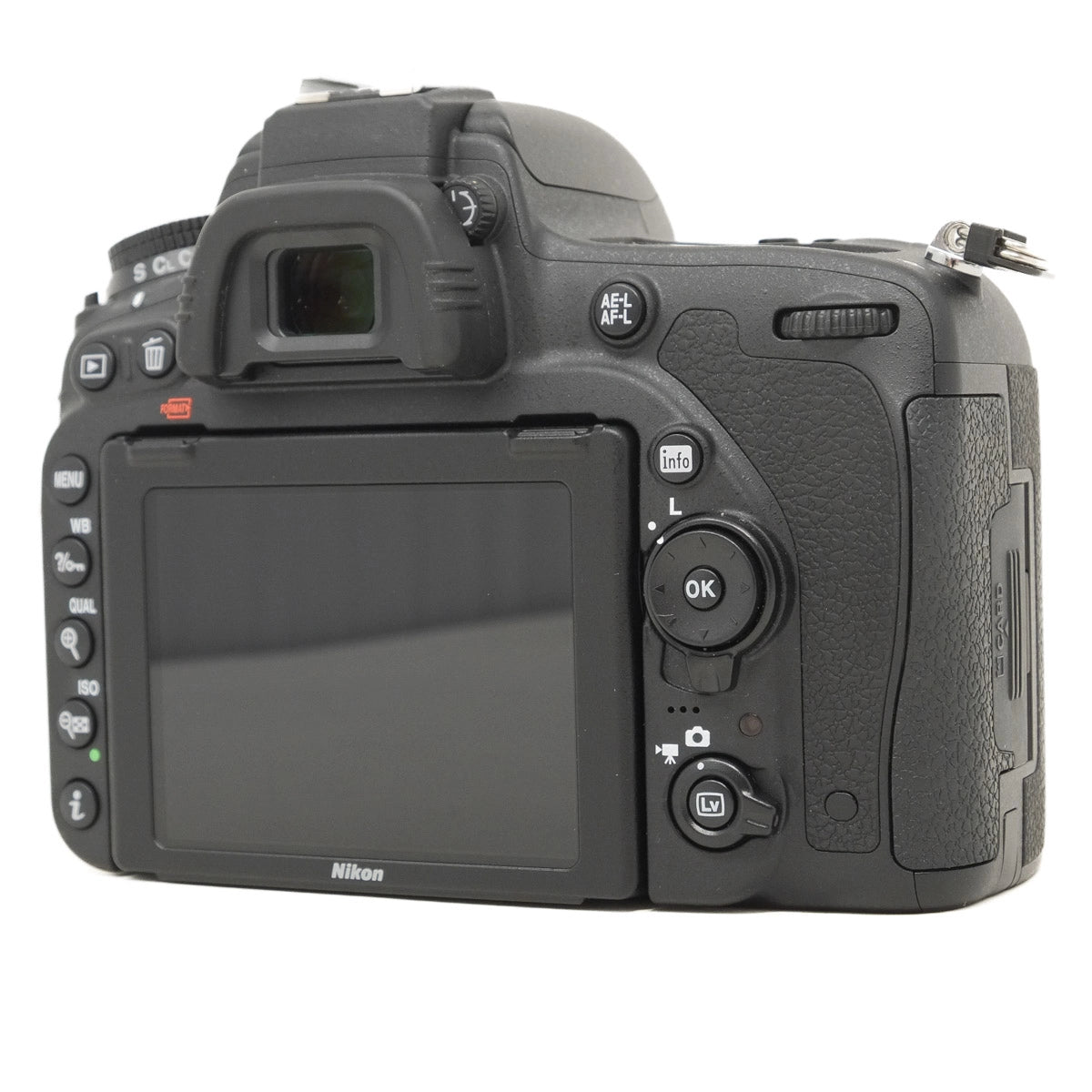Back view of a Nikon DSLR camera on a white background