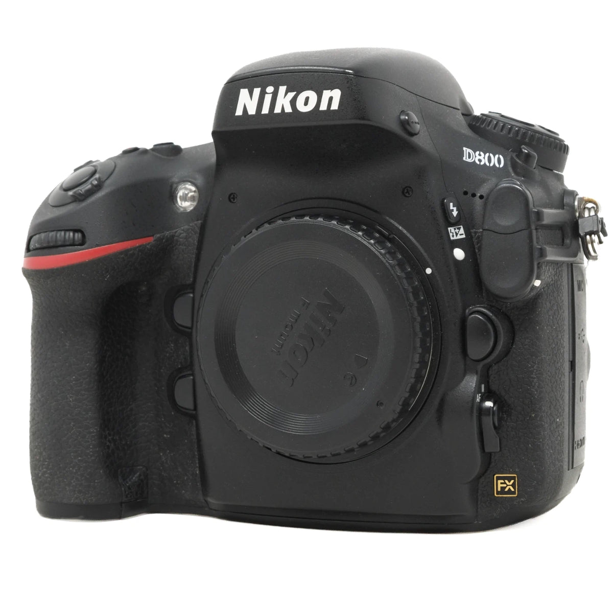 Nikon D800 DSLR camera body in black, shown from the front with the lens removed and a red accent stripe on the grip, on a white background.