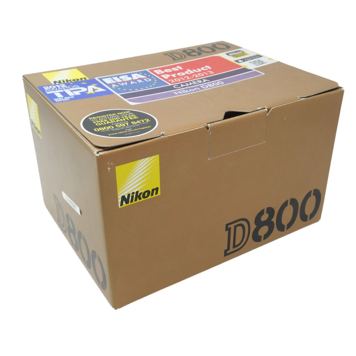 A brown cardboard box for a Nikon D800 camera, featuring the Nikon logo and product specifications on the top and sides, set against a plain white background.