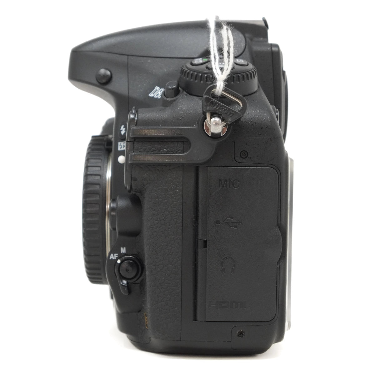 Black camera body on a white background