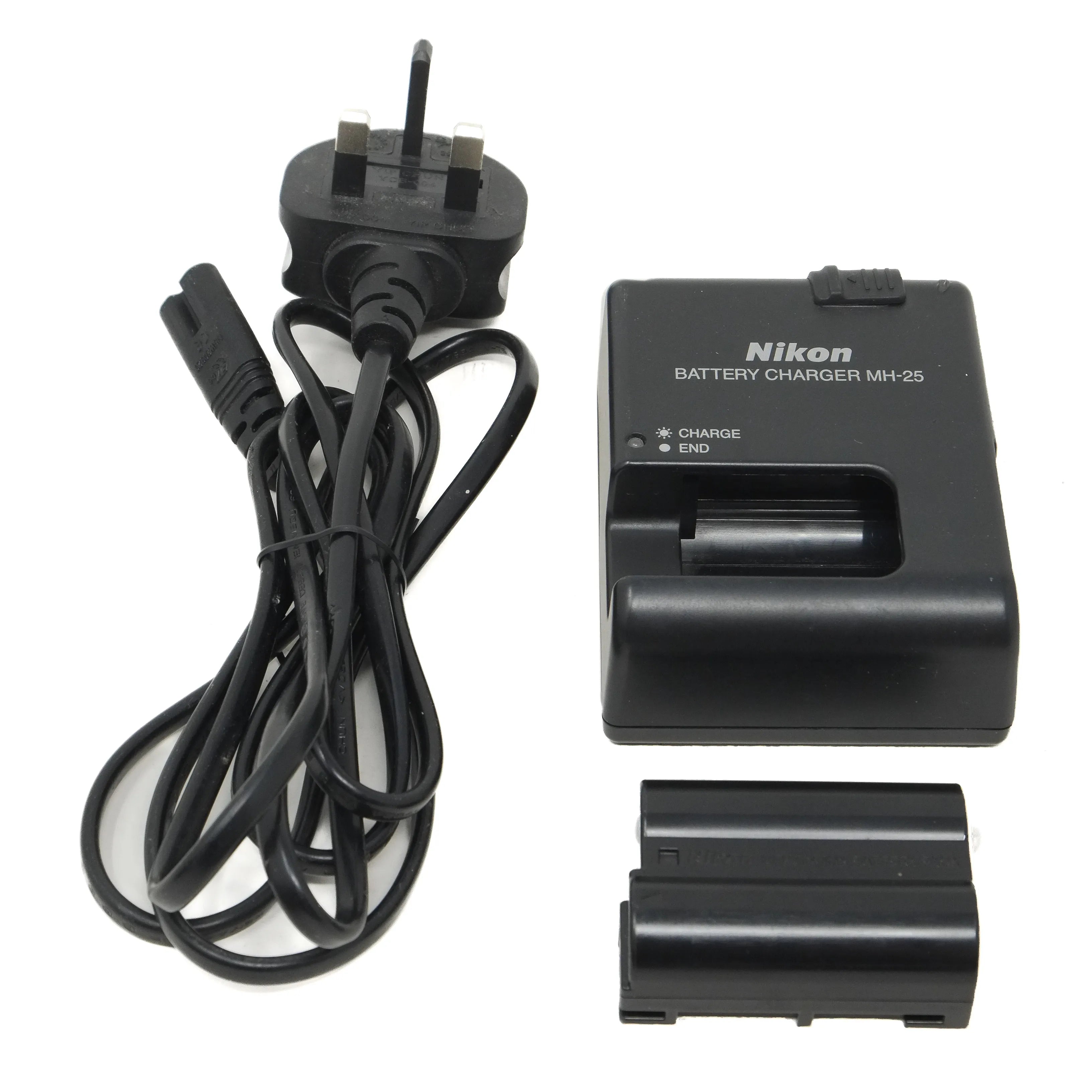 Nikon battery charger MH-25 with battery on a white background