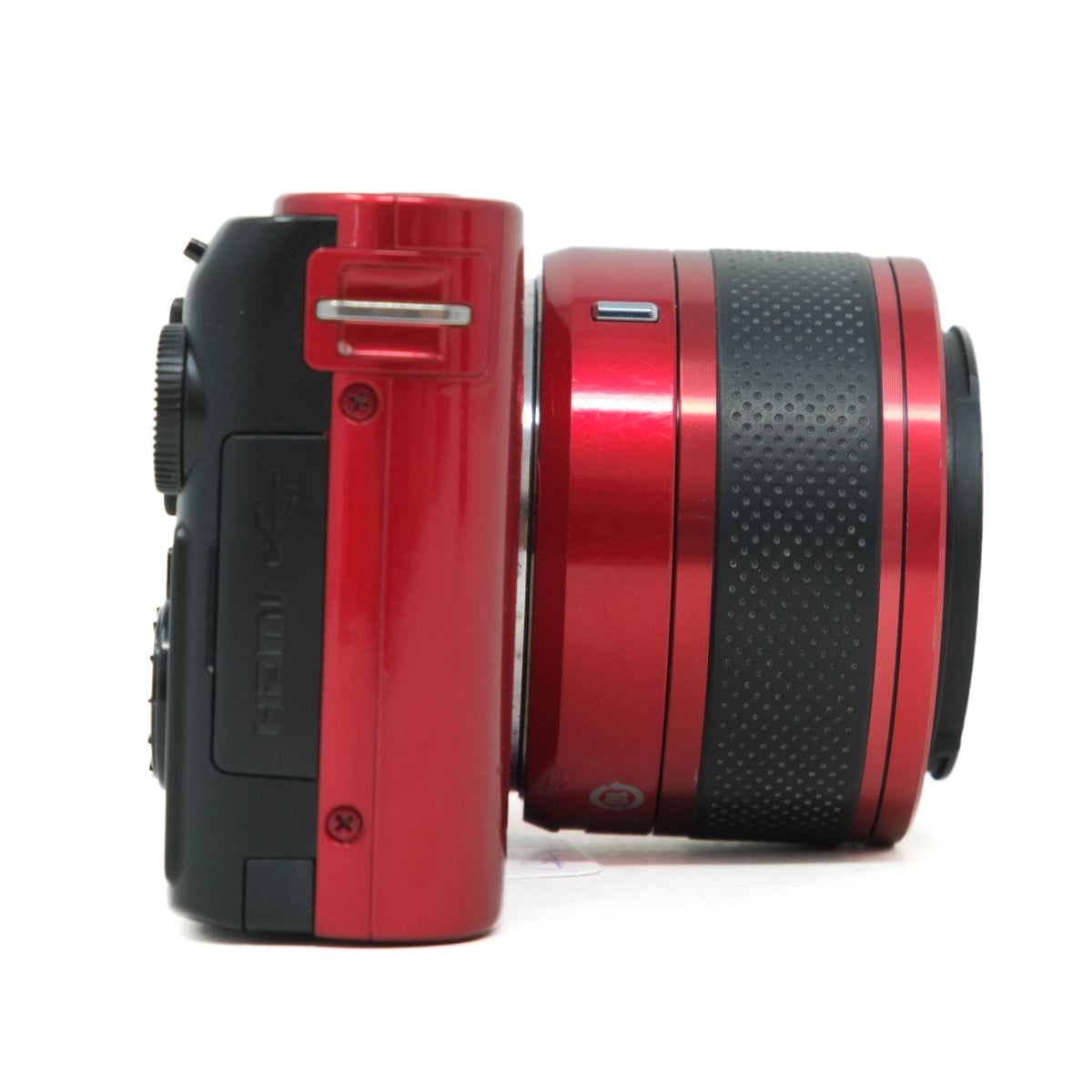 Red and black camera on a white background