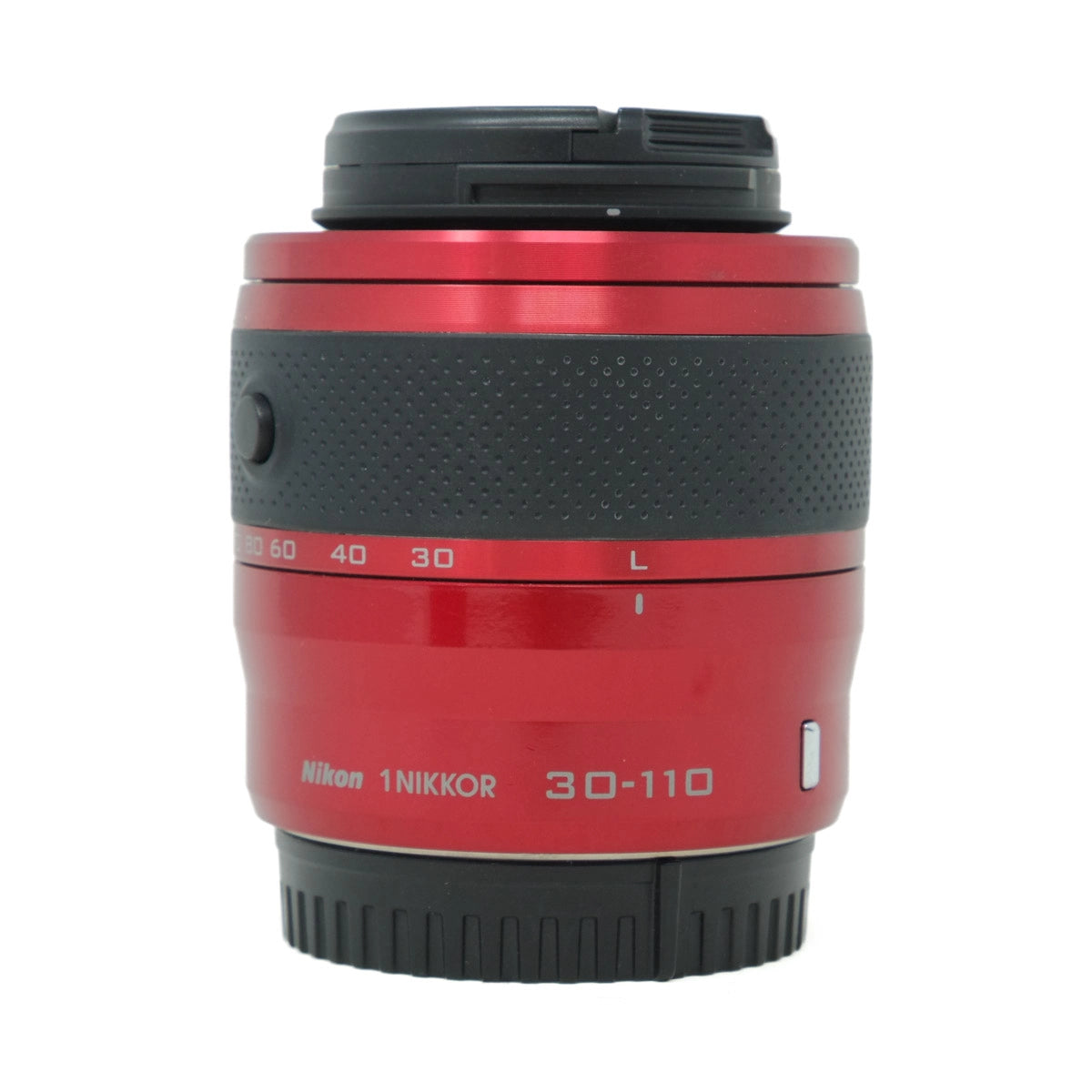 Red and black Nikon camera lens on a white background