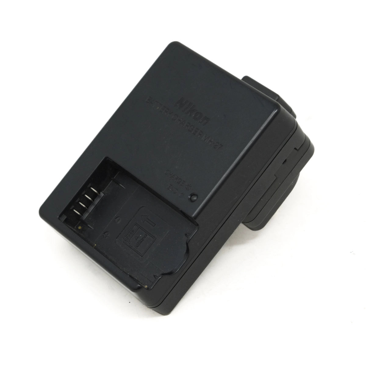 Black Nikon camera battery charger on a white background