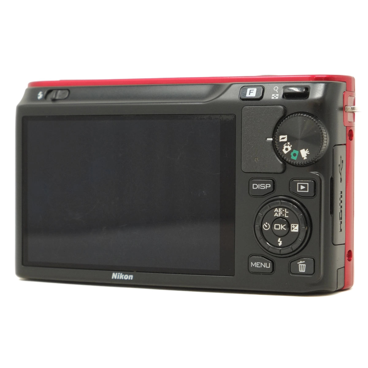 Nikon camera with a red border on a white background