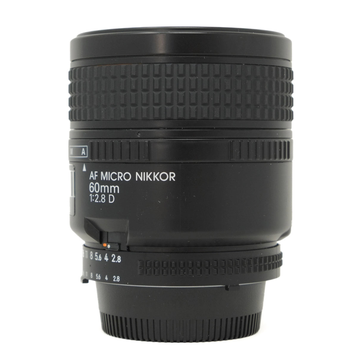Black Nikon AF Micro Nikkor 60mm f/2.8 D lens on a white background