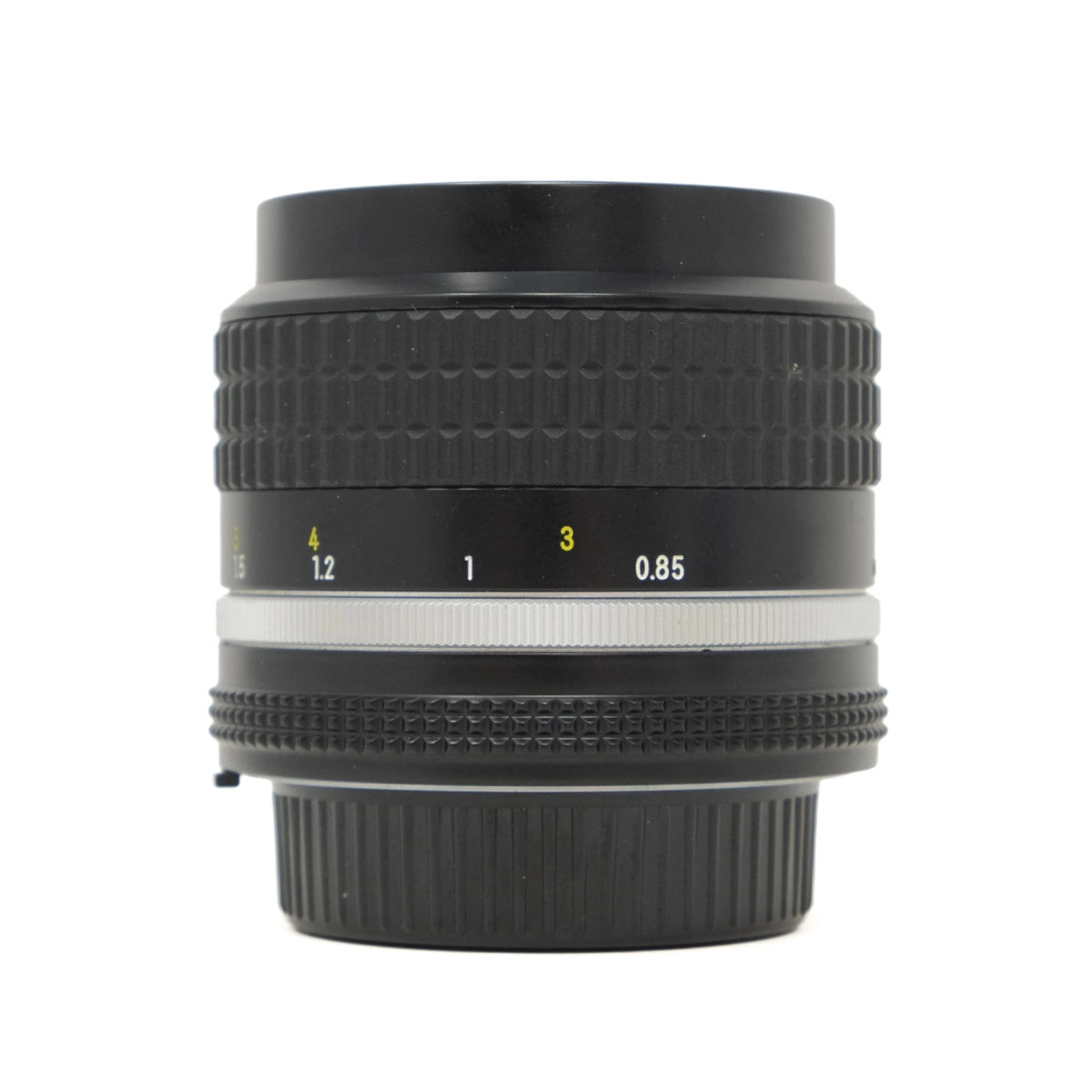Camera lens with focus ring and markings on a white background