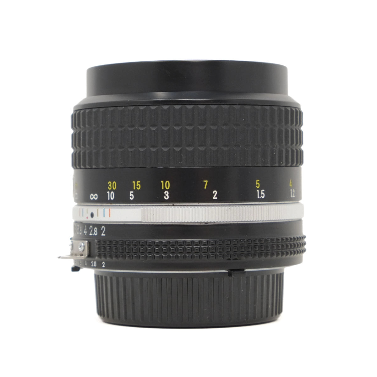 Camera lens with focus scale and numbers on a white background