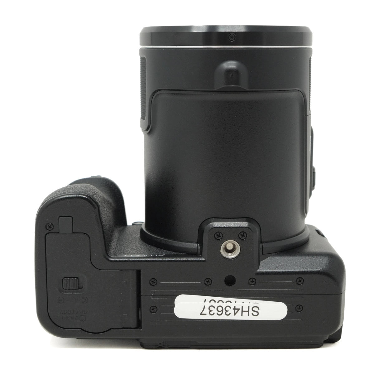 Black Nikon camera on a white background