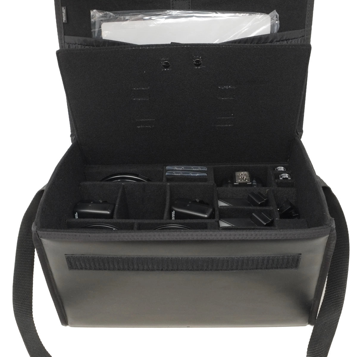Black carrying case with compartments for electronic devices on a white background