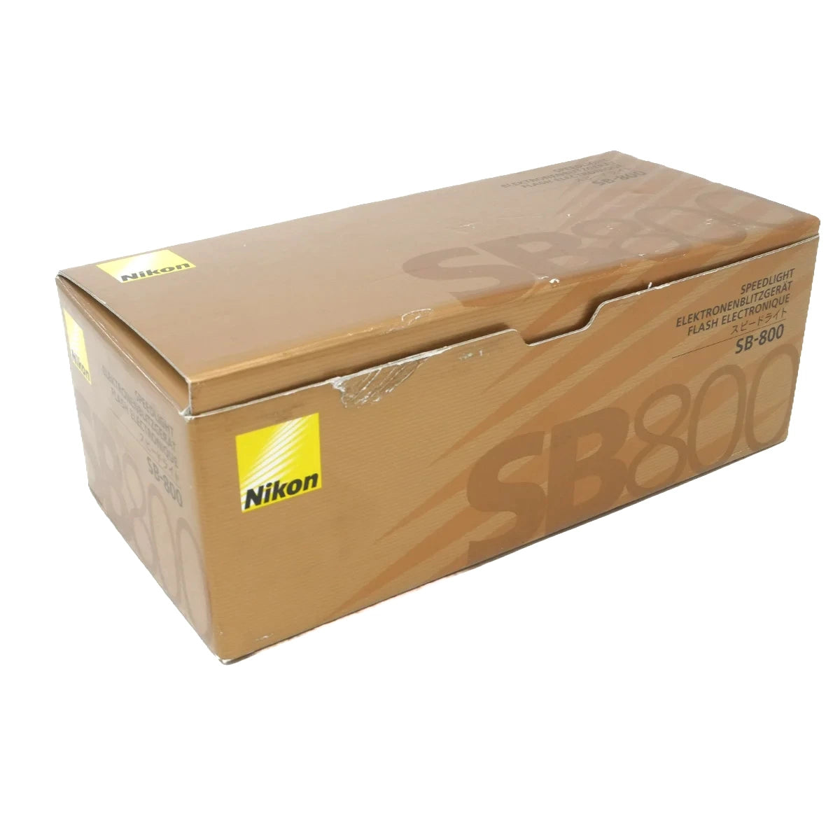 Nikon SB800 Speedlite flash electronic box in brown cardboard packaging with a yellow Nikon logo on the side.