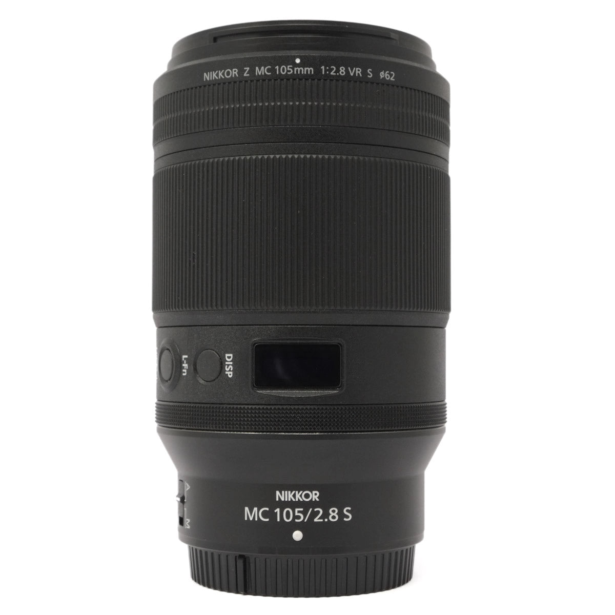 Black camera lens with 'Nikon' branding on a white background