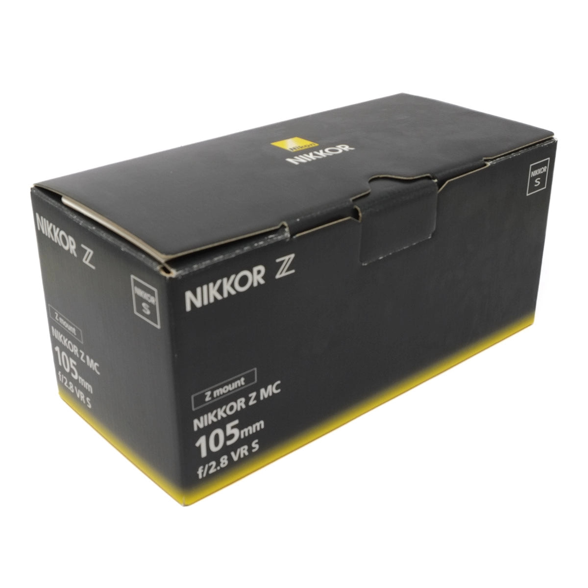 Nikkor camera lens packaging box on a white background
