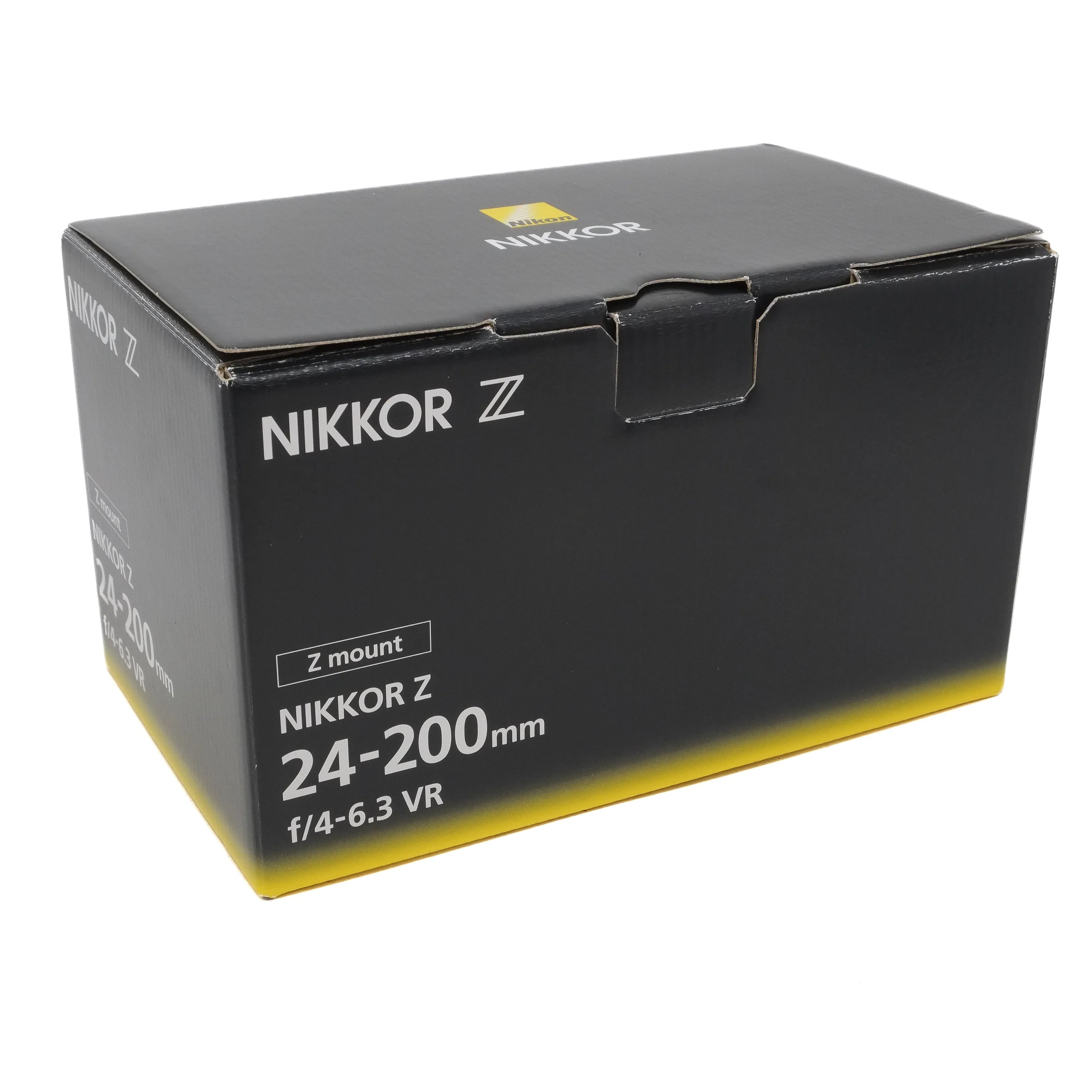 Nikkor Z camera lens packaging box on a white background