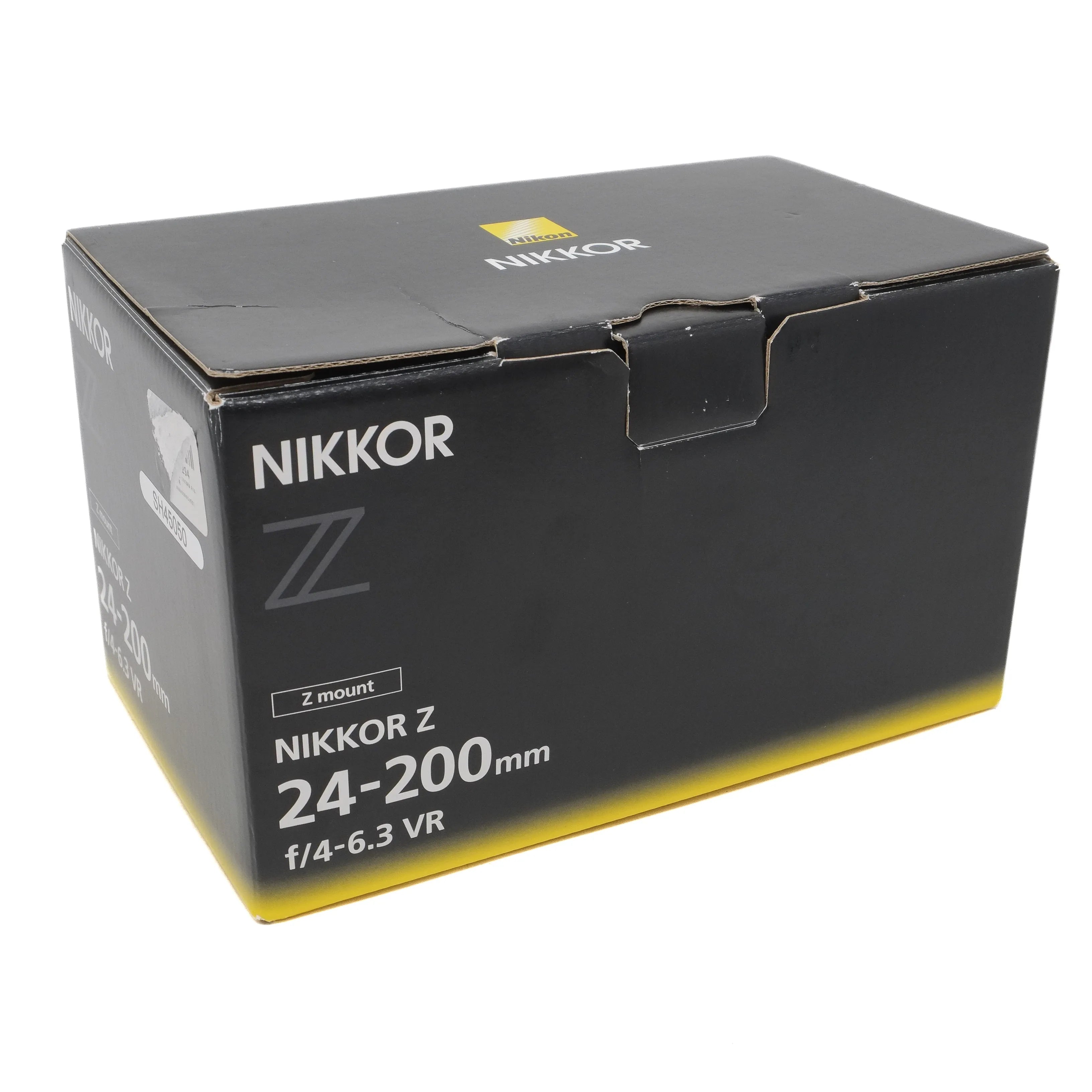 Nikon Nikkor Z camera lens packaging box on a white background