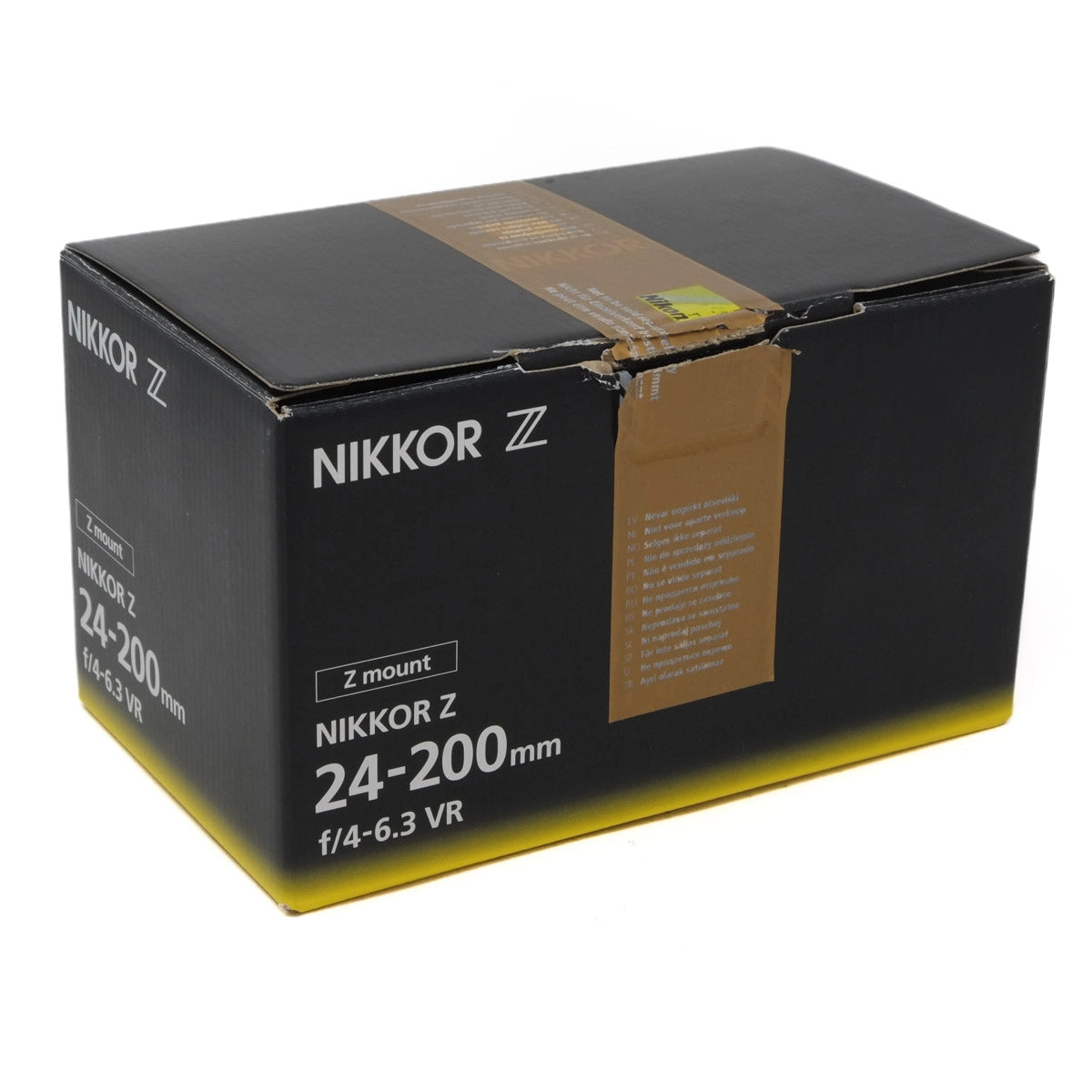 Nikkor Z camera lens packaging box on a white background
