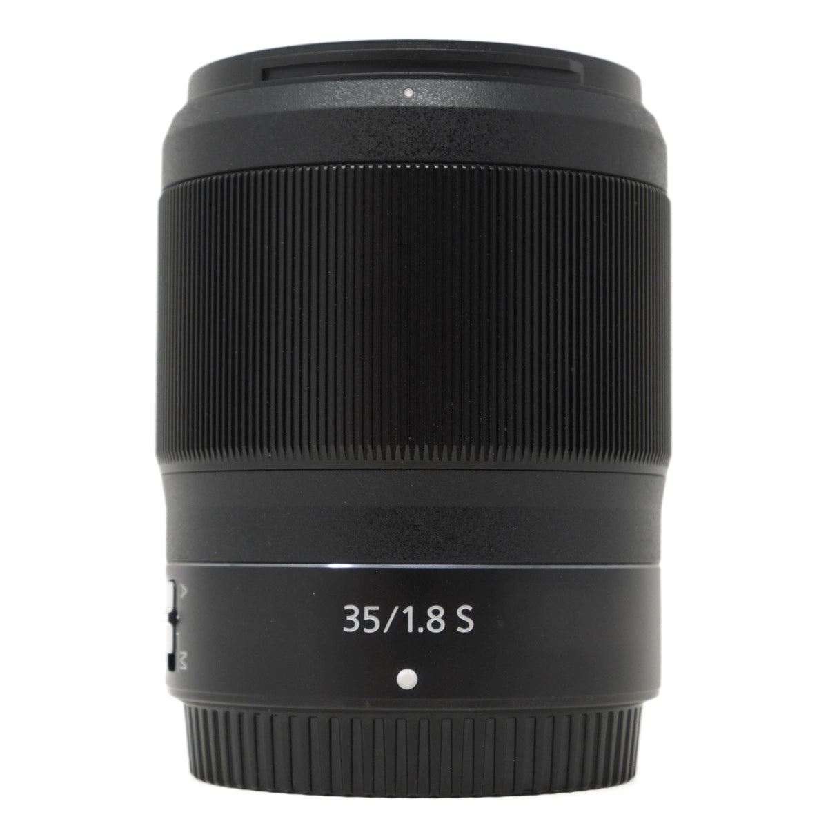 Black camera lens with text '35/1.8 S' on a white background