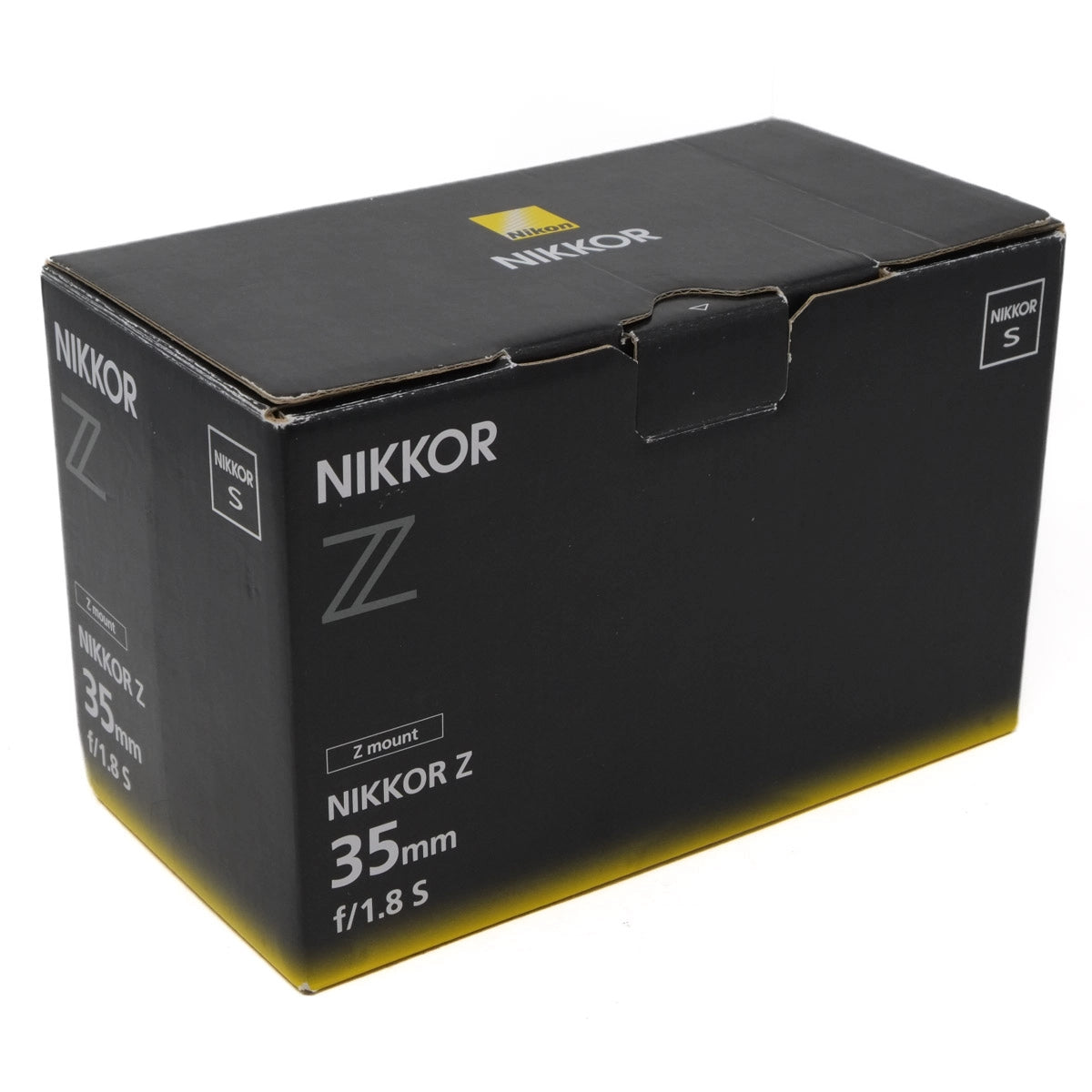 Nikkor camera lens packaging box on a white background