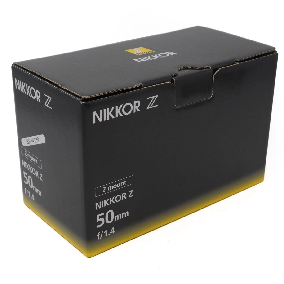 Nikkor Z camera lens packaging box on a white background
