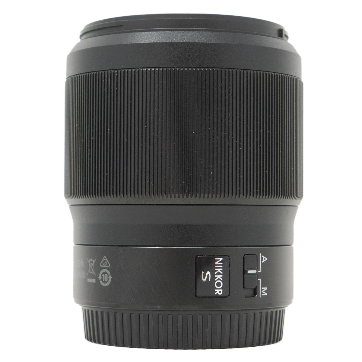 Black camera lens with 'Nikkor' branding on a white background