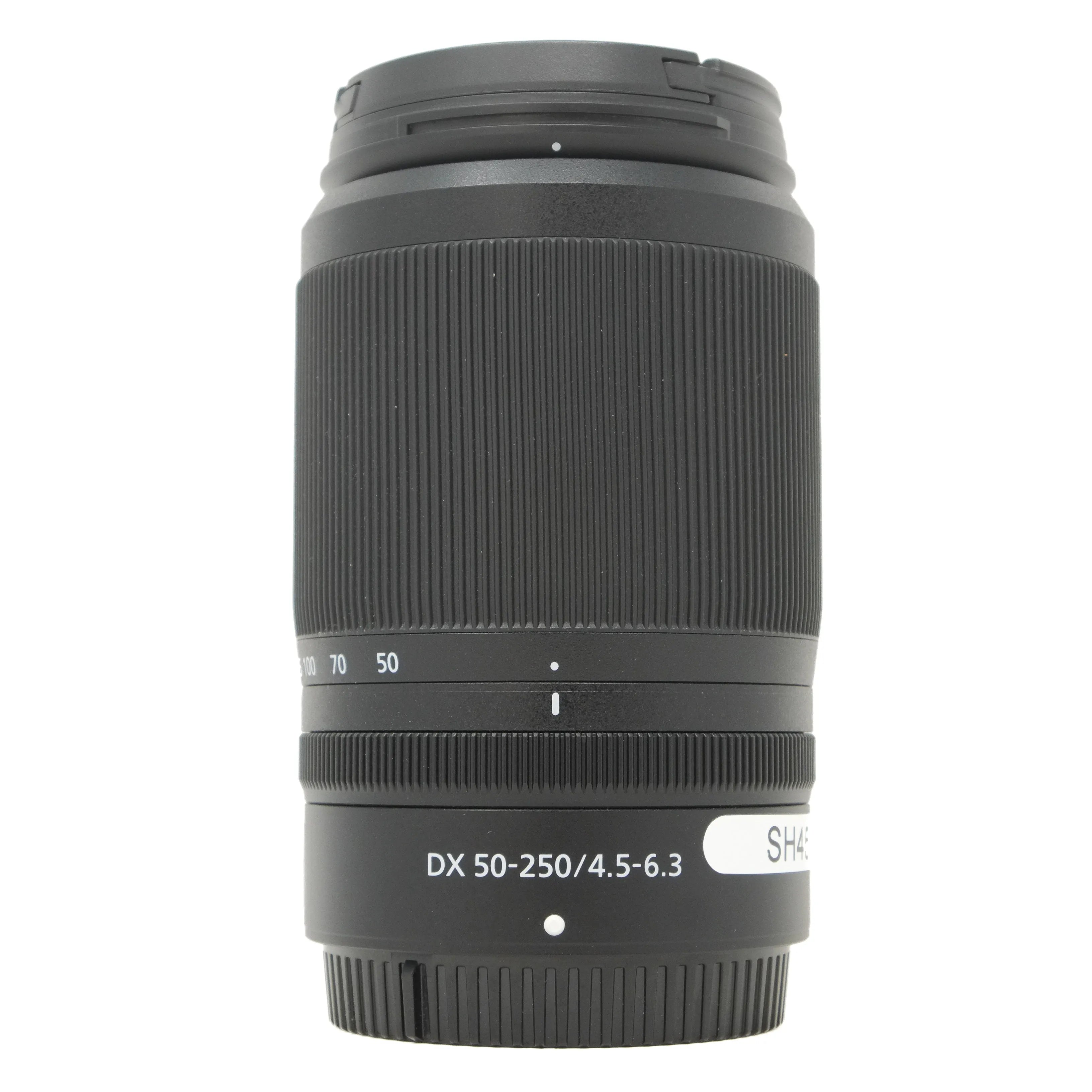 Camera lens with specifications on a white background
