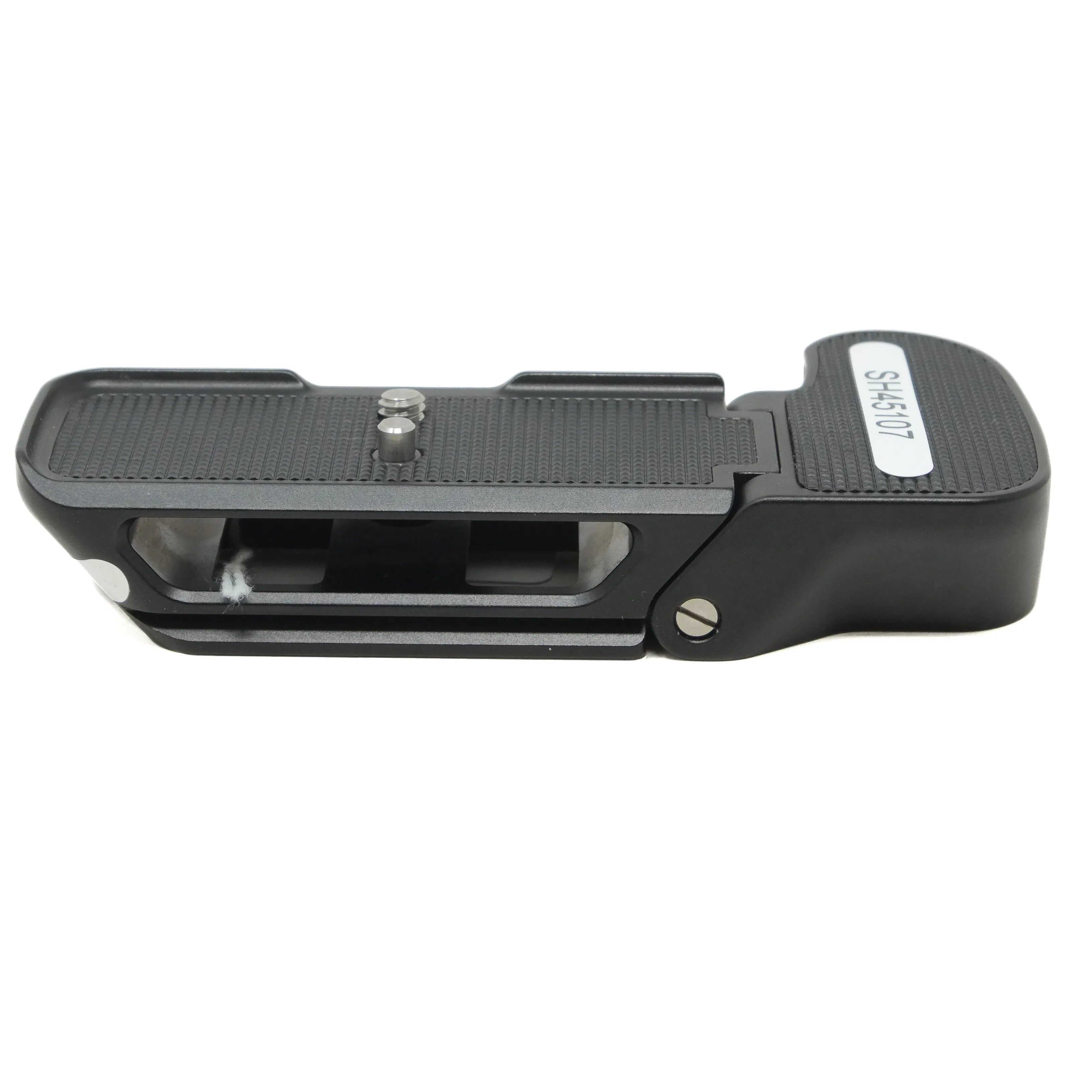 Black camera accessory on a white background