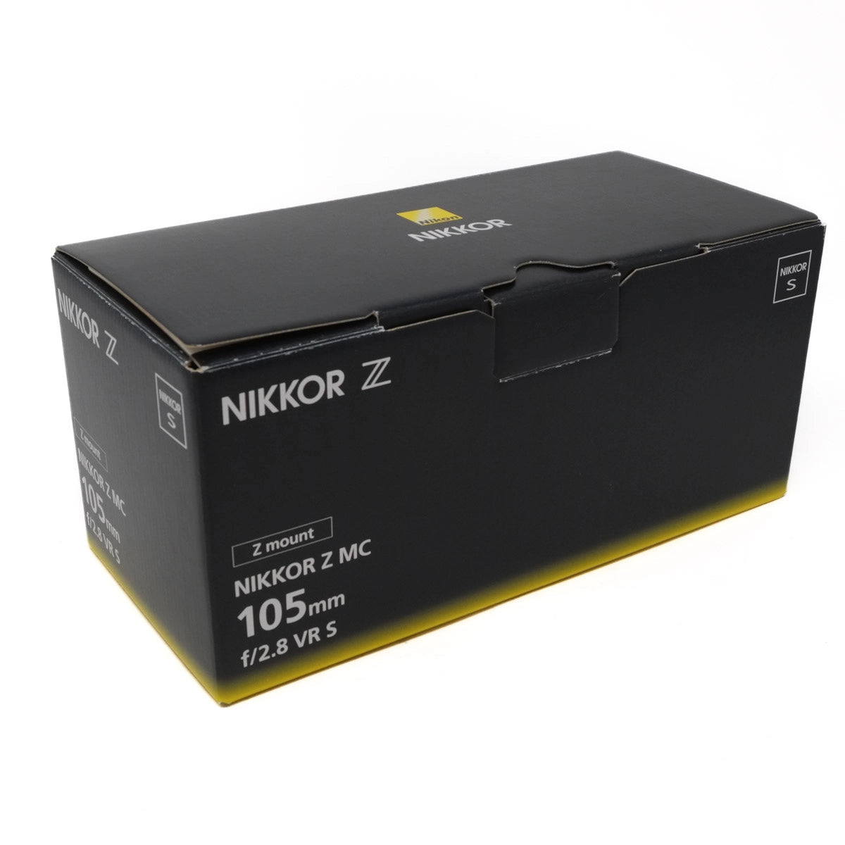 Black box packaging for Nikon Nikkor Z lens on a white background