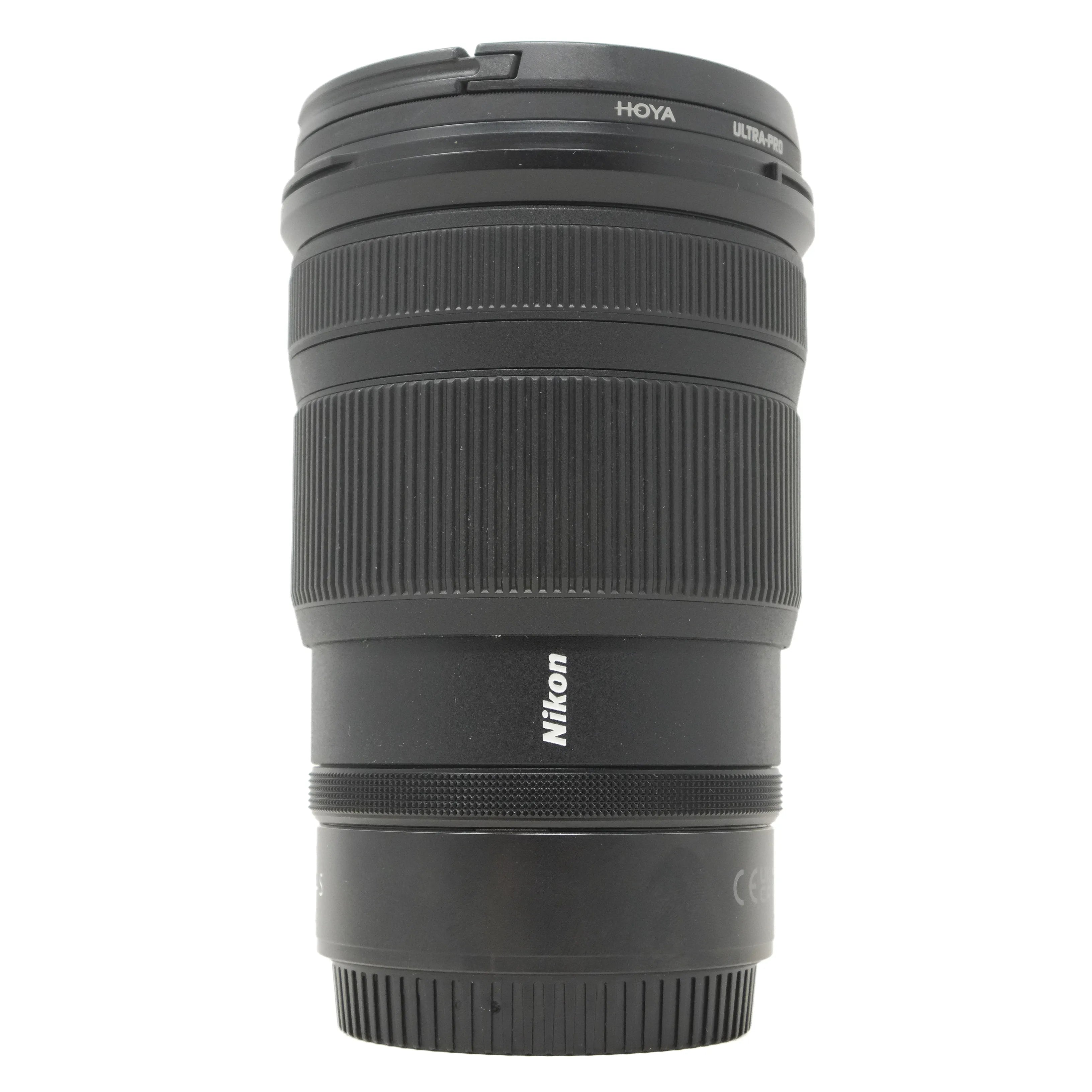 Camera lens with Hoya and Nikon branding on a white background