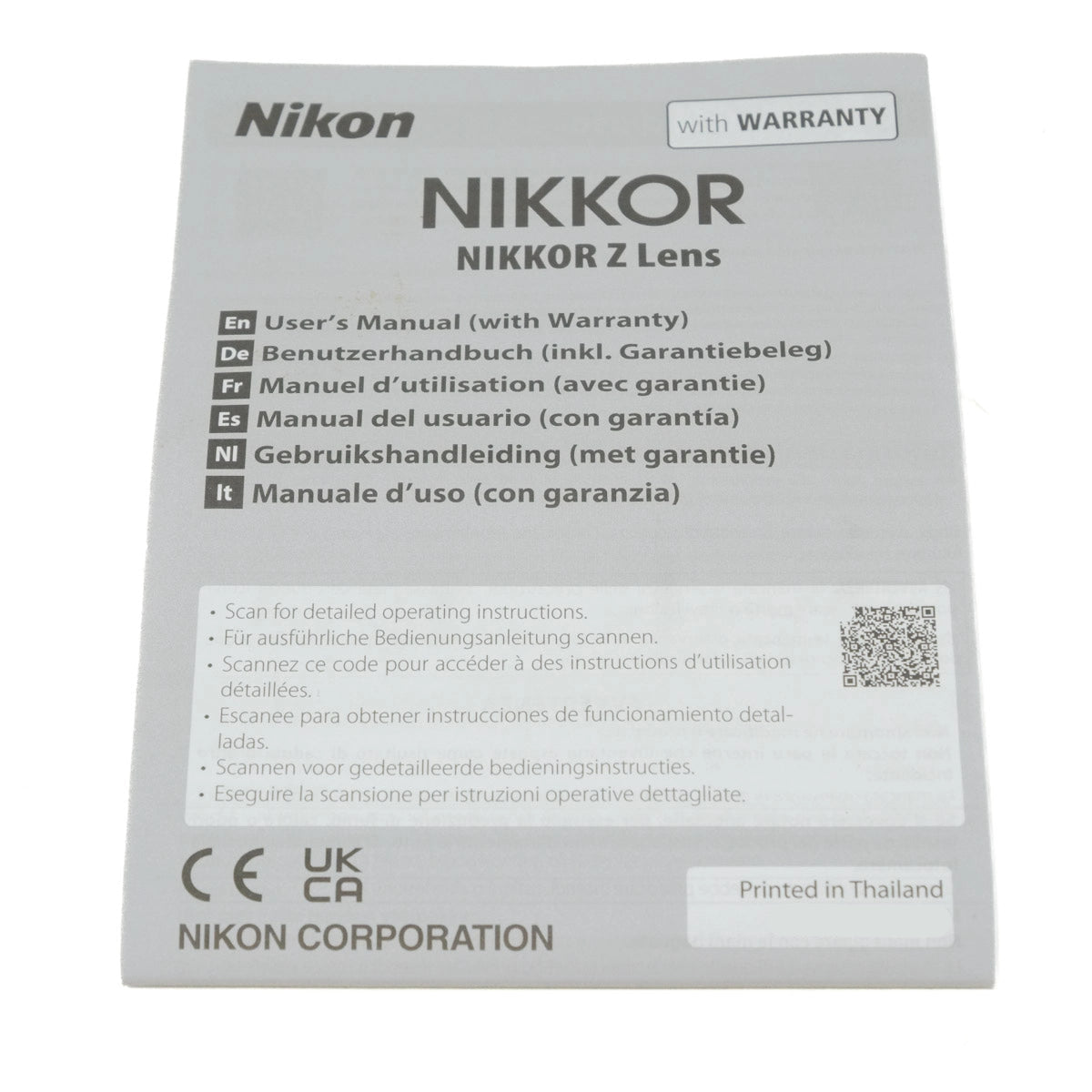 Nikon Nikkor Z Lens manual with text and logos on a white background