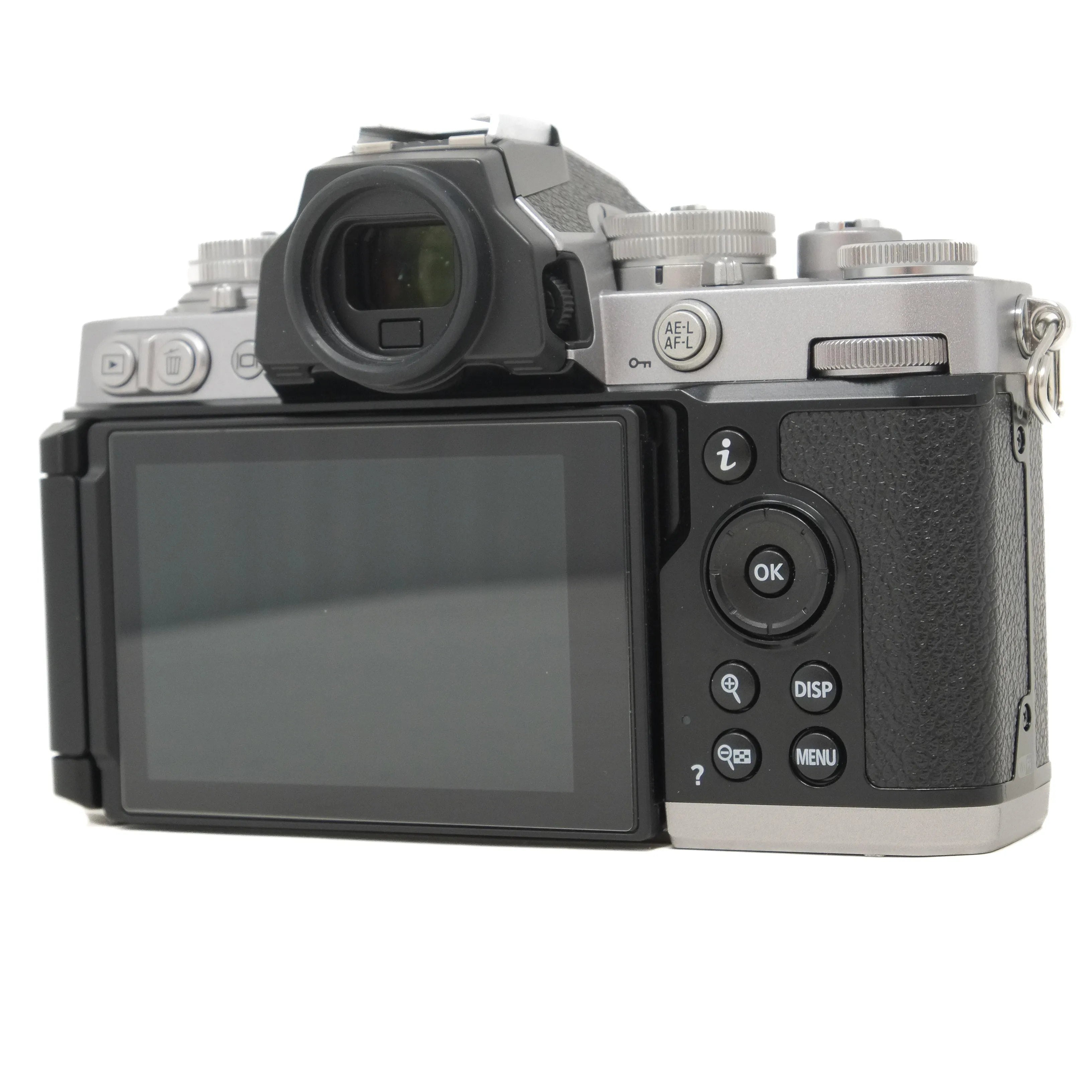 Digital camera with screen and control buttons on a white background