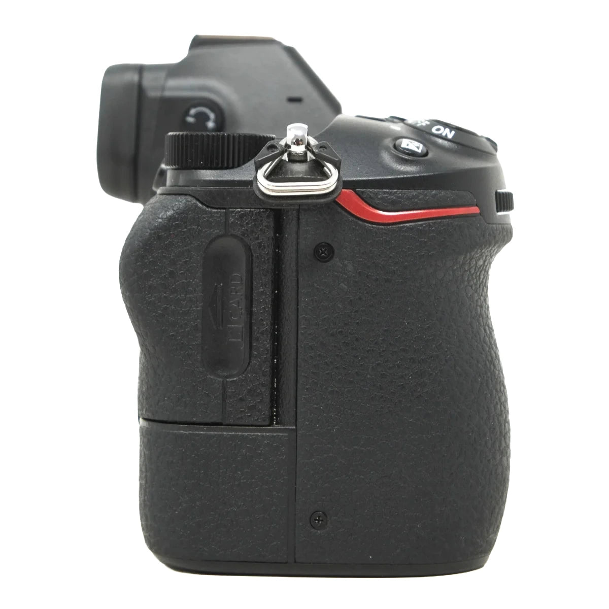 A black Nikon DSLR camera body with a textured grip, showing the rear and side profile with a red accent line and silver metal mount, isolated on a white background.