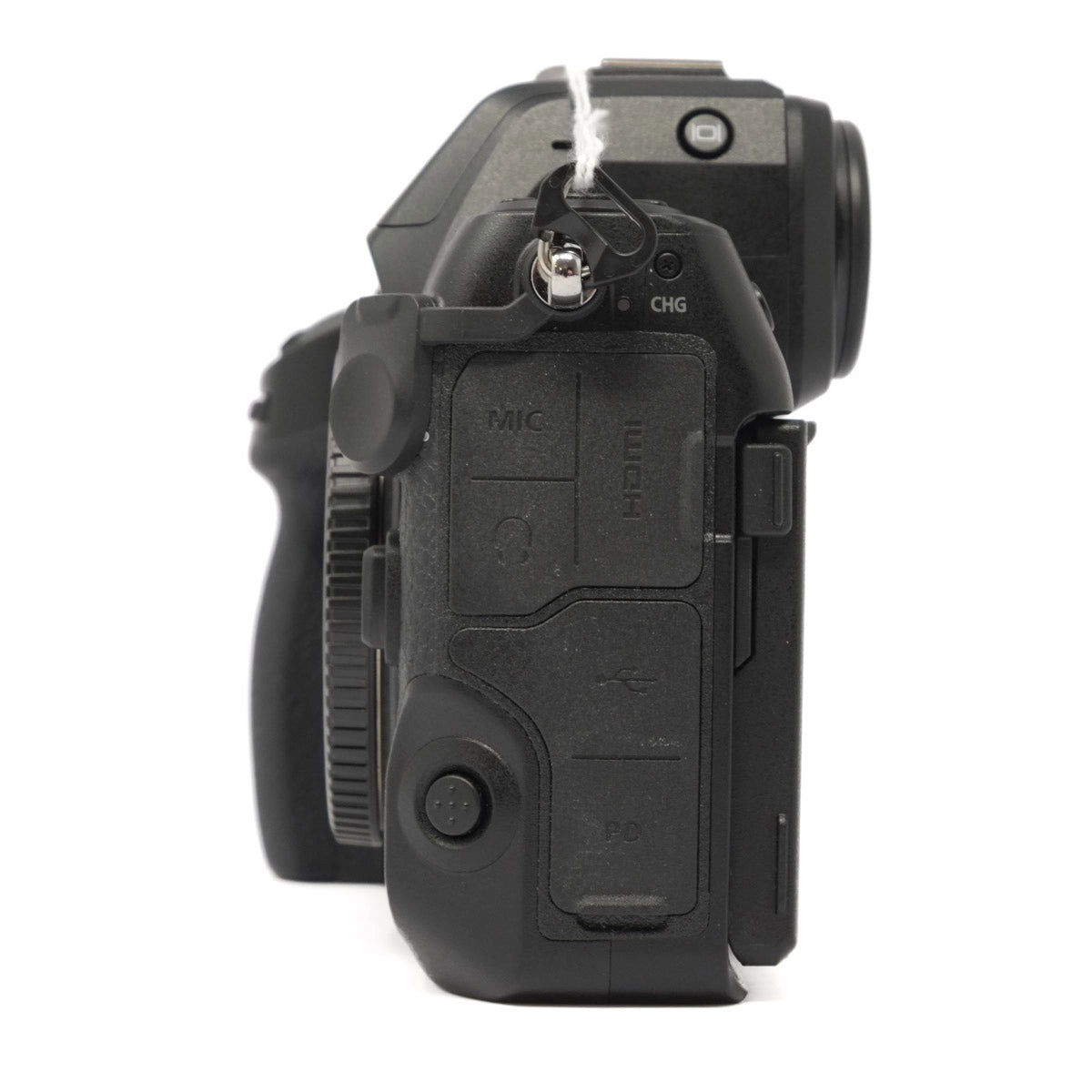 Black camera body on a white background